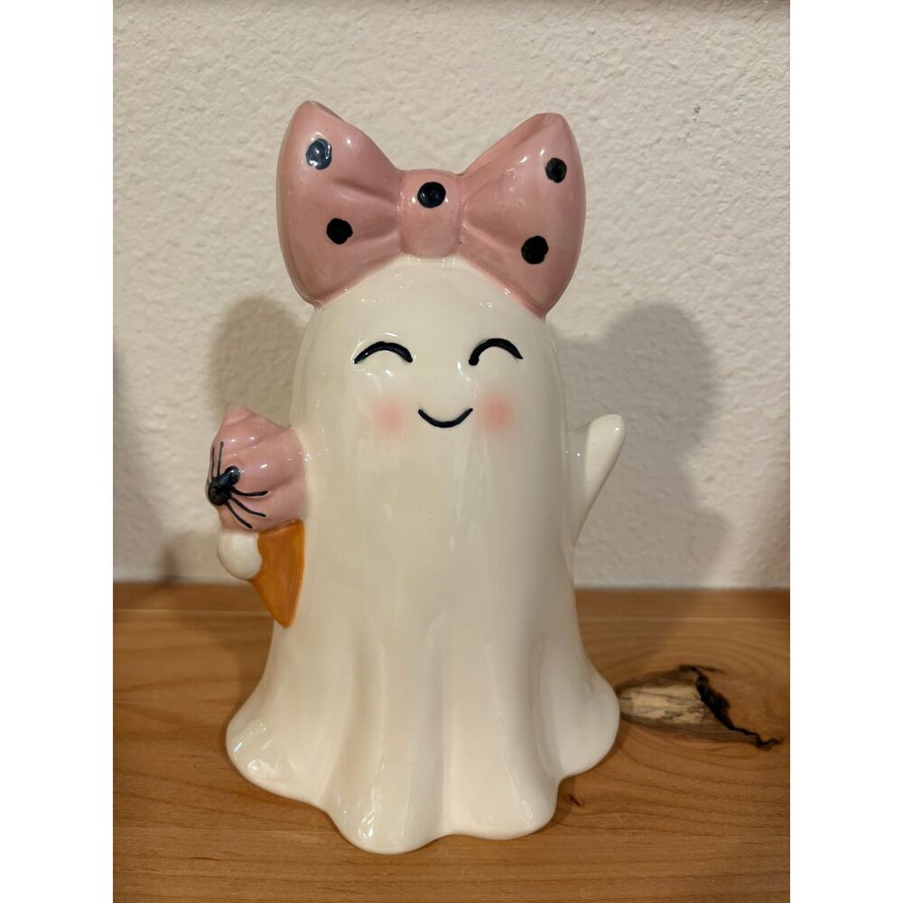Halloween Ceramic Ghost Figurine Pink Polka Dot Bow Ice Cream Cone Spider NWT